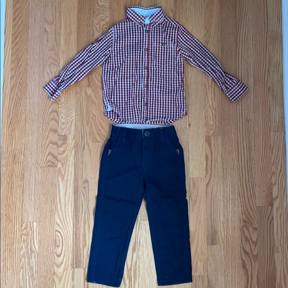 Ted Baker Boy Plaid Button Down & Navy Pants, 3y